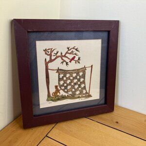 Paper Cutting Framed Folk Art Quilt on Clothesline Cat Vintage Rhonda Hinsdale